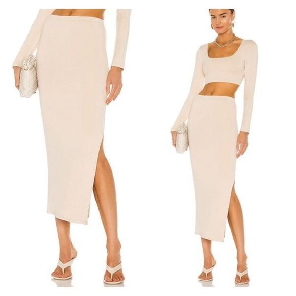 Revolve Re Ona Side Split Midi Skirt Pull On Ivory/Beige Small - Picture 1 of 10